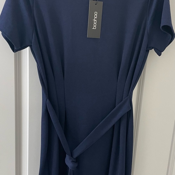 PLEAT FRONT BELTED TAILORED MIDI DRESS - Picture 8 of 10